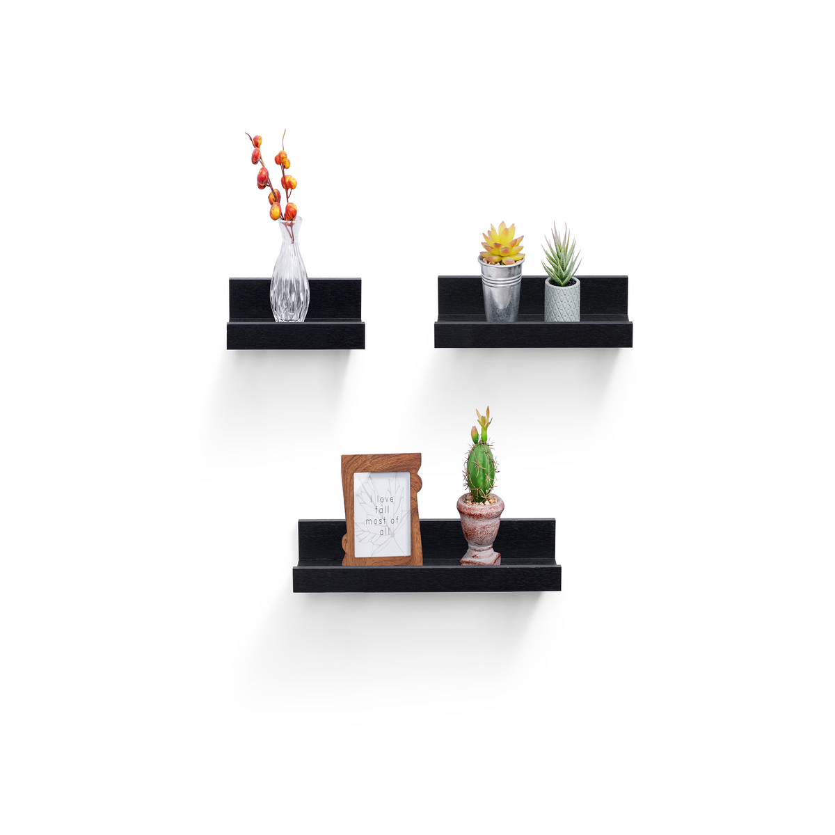 3-Piece Floating Wall Shelves, 18.11" Wood Wall Mounted Shelf Set for Books, Plants & Decor with Invisible Brackets, Black