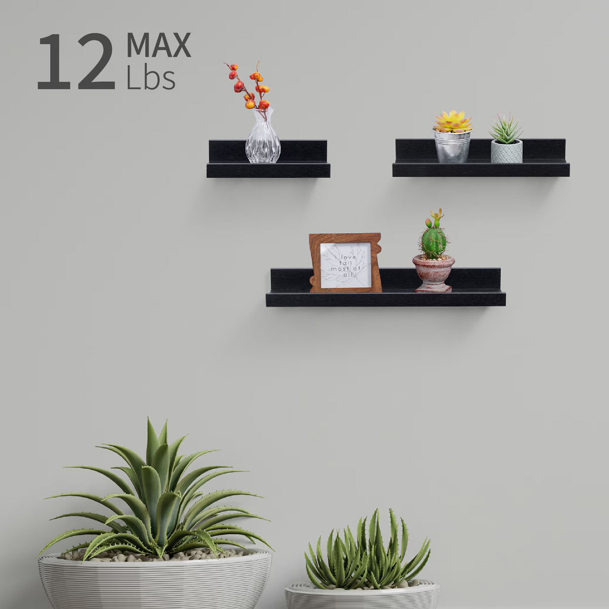 3-Piece Floating Wall Shelves, 18.11" Wood Wall Mounted Shelf Set for Books, Plants & Decor with Invisible Brackets, Black