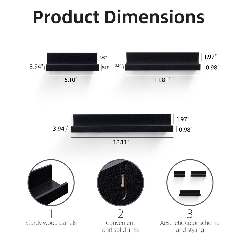 3-Piece Floating Wall Shelves, 18.11" Wood Wall Mounted Shelf Set for Books, Plants & Decor with Invisible Brackets, Black