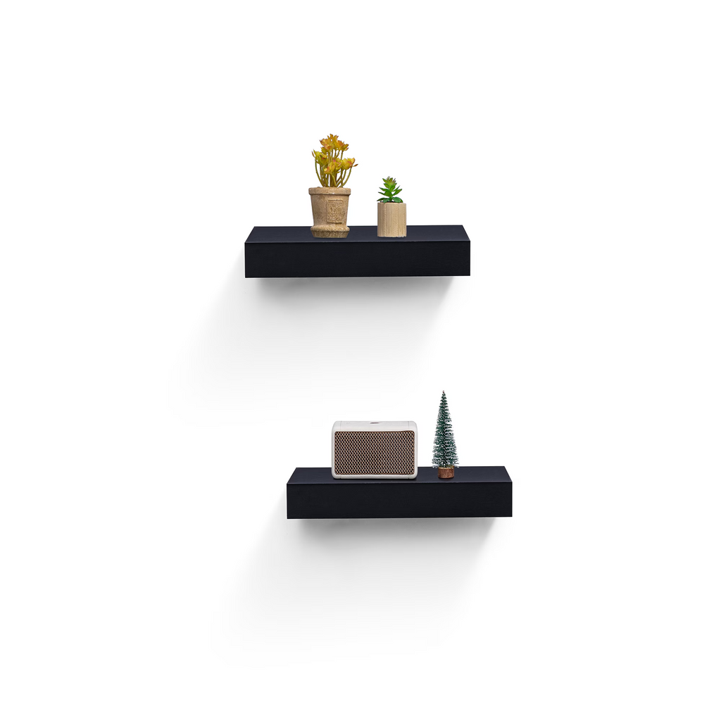 2-Piece Floating Wall Shelves, 14.96" Wood Wall Mounted Shelf Set for Books, Plants & Decor with Invisible Brackets, Black