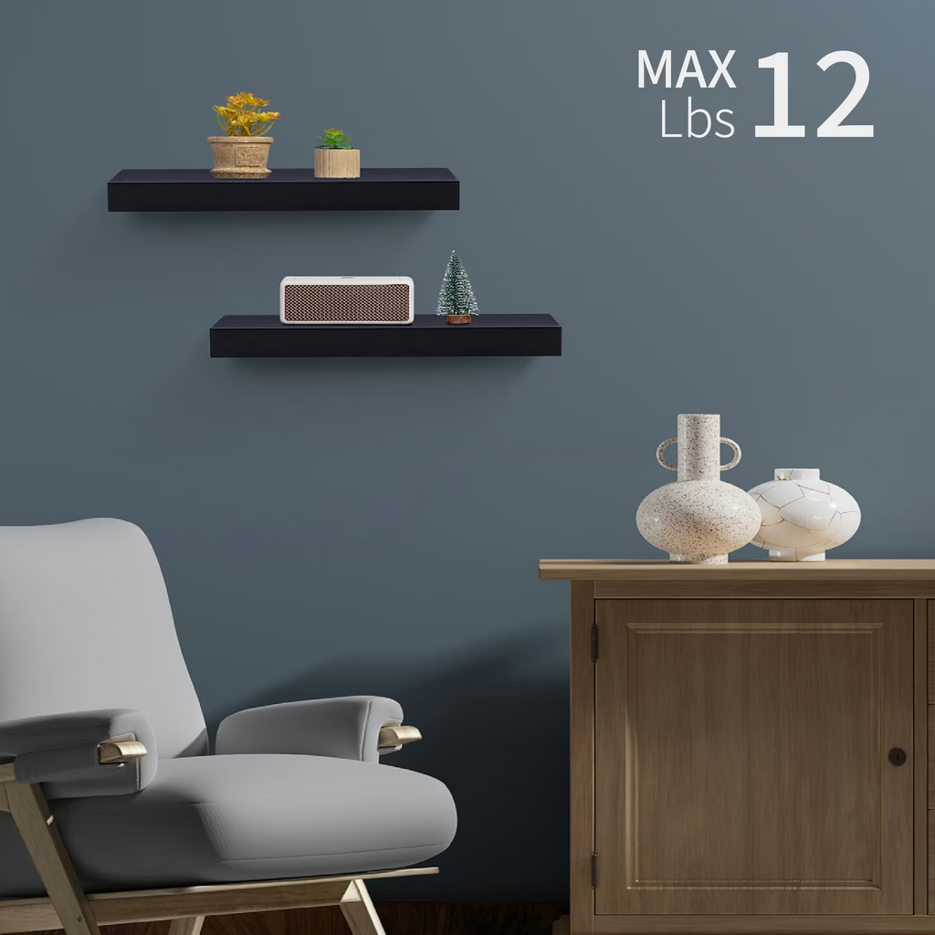 2-Piece Floating Wall Shelves, 14.96" Wood Wall Mounted Shelf Set for Books, Plants & Decor with Invisible Brackets, Black