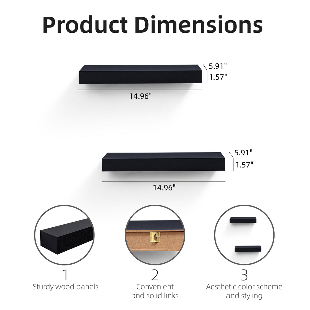 2-Piece Floating Wall Shelves, 14.96" Wood Wall Mounted Shelf Set for Books, Plants & Decor with Invisible Brackets, Black