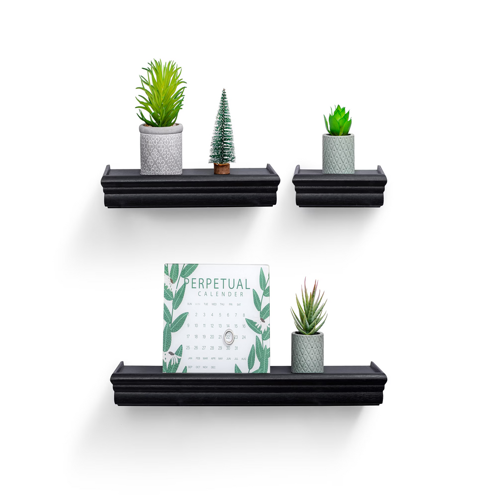 3-Piece Floating Wall Shelves, 17.91" Wood Wall Mounted Shelf Set for Books, Plants & Decor with Invisible Brackets, Black