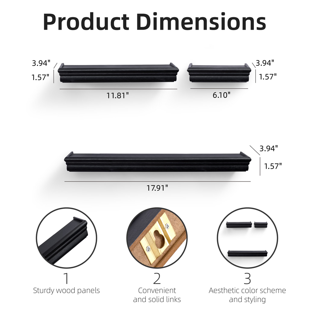 3-Piece Floating Wall Shelves, 17.91" Wood Wall Mounted Shelf Set for Books, Plants & Decor with Invisible Brackets, Black