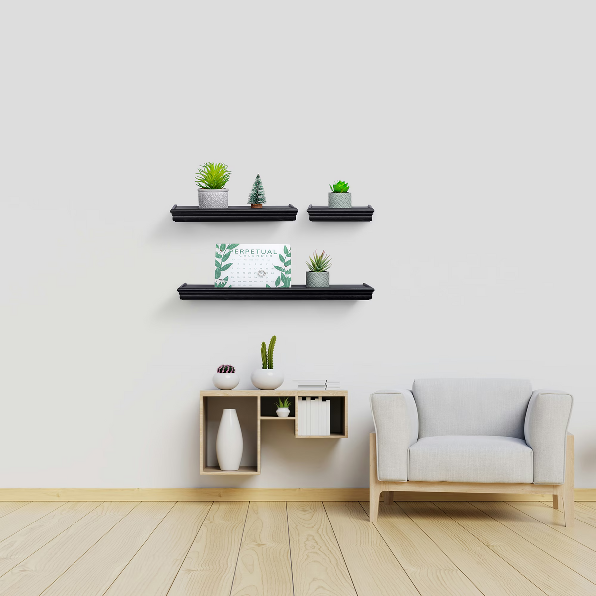 3-Piece Floating Wall Shelves, 17.91" Wood Wall Mounted Shelf Set for Books, Plants & Decor with Invisible Brackets, Black