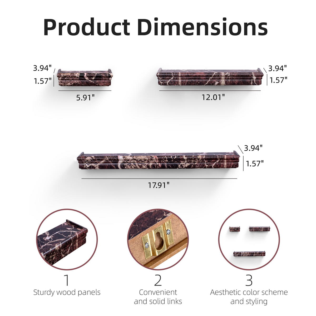 3-Piece Floating Wall Shelves, 17.91" Wood Wall Mounted Shelf Set for Books, Plants & Decor with Invisible Brackets, Brown Marble