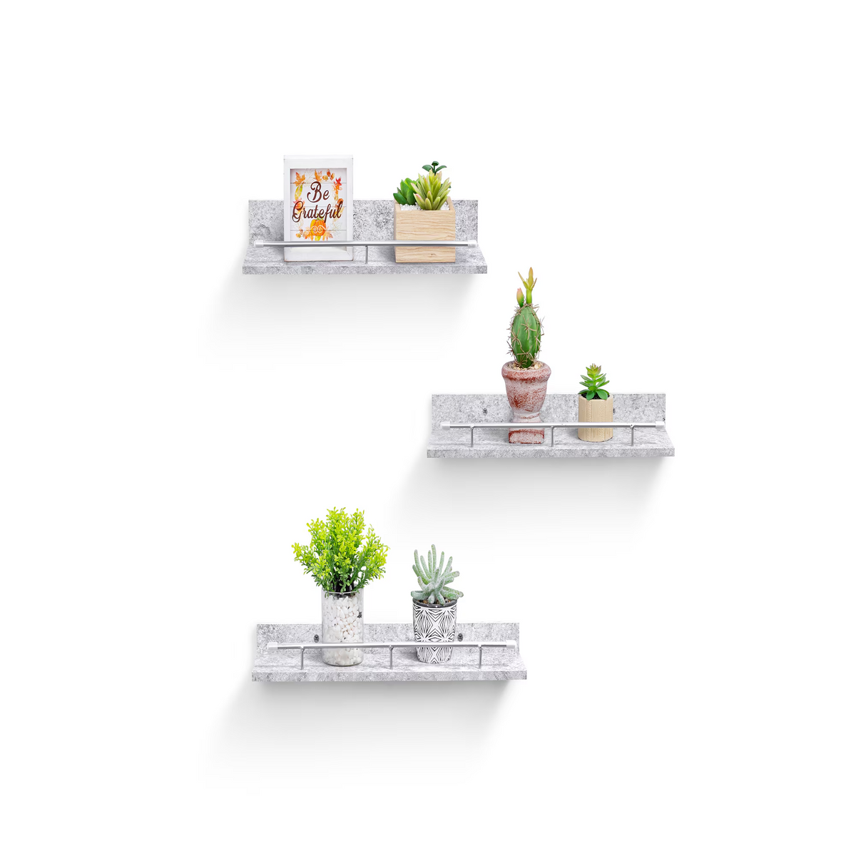 3-Piece Floating Wall Shelves, 15.75" Wood Wall Mounted Shelf Set for Books, Plants & Decor with Invisible Brackets, Gray