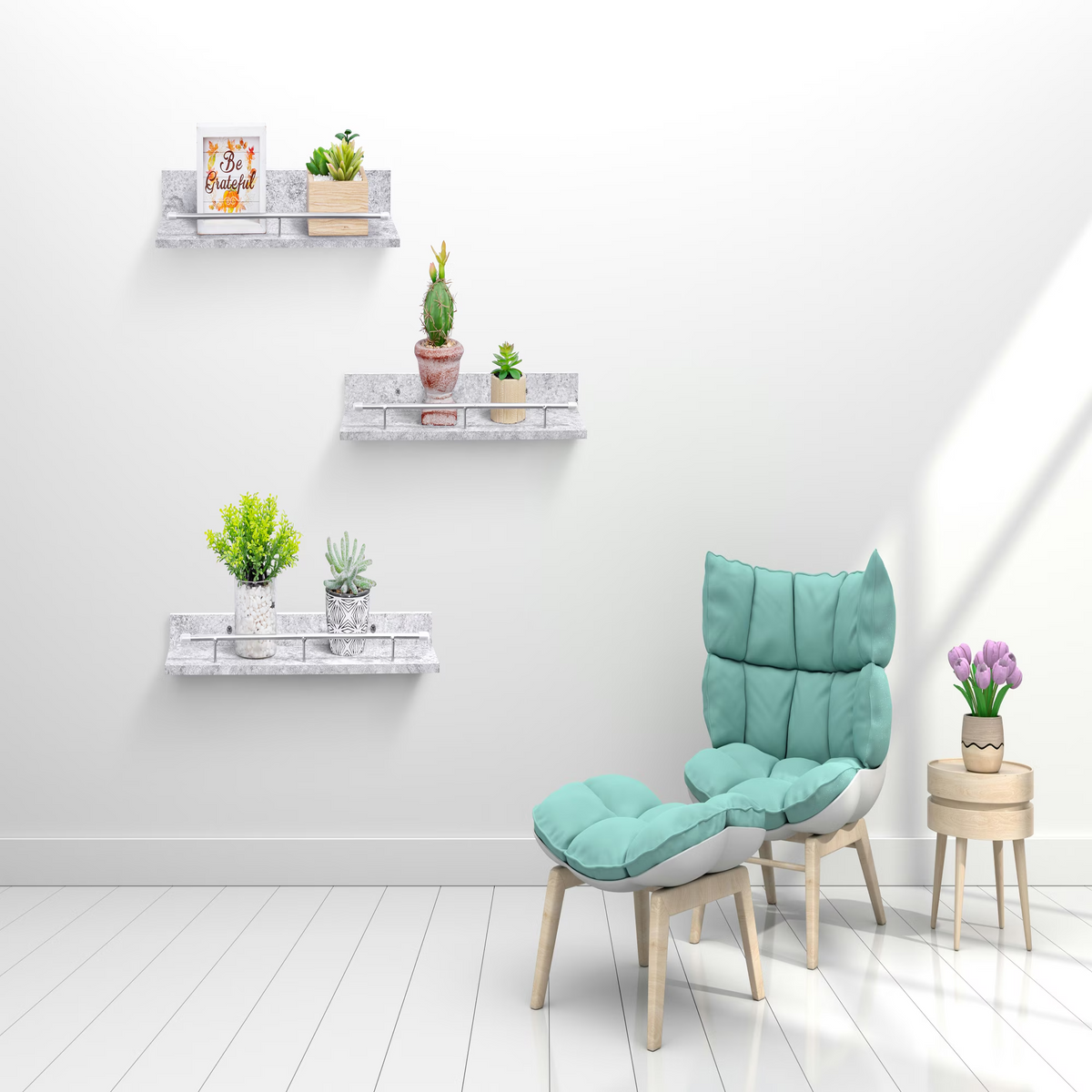 3-Piece Floating Wall Shelves, 15.75" Wood Wall Mounted Shelf Set for Books, Plants & Decor with Invisible Brackets, Gray