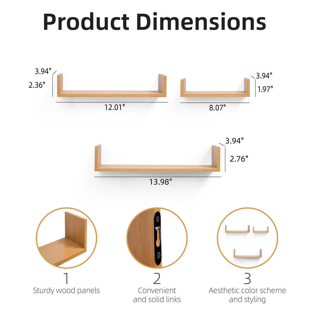 3-Piece Floating Wall Shelves, 13.98" Wood Wall Mounted Shelf Set for Books, Plants & Decor with Invisible Brackets, Tan