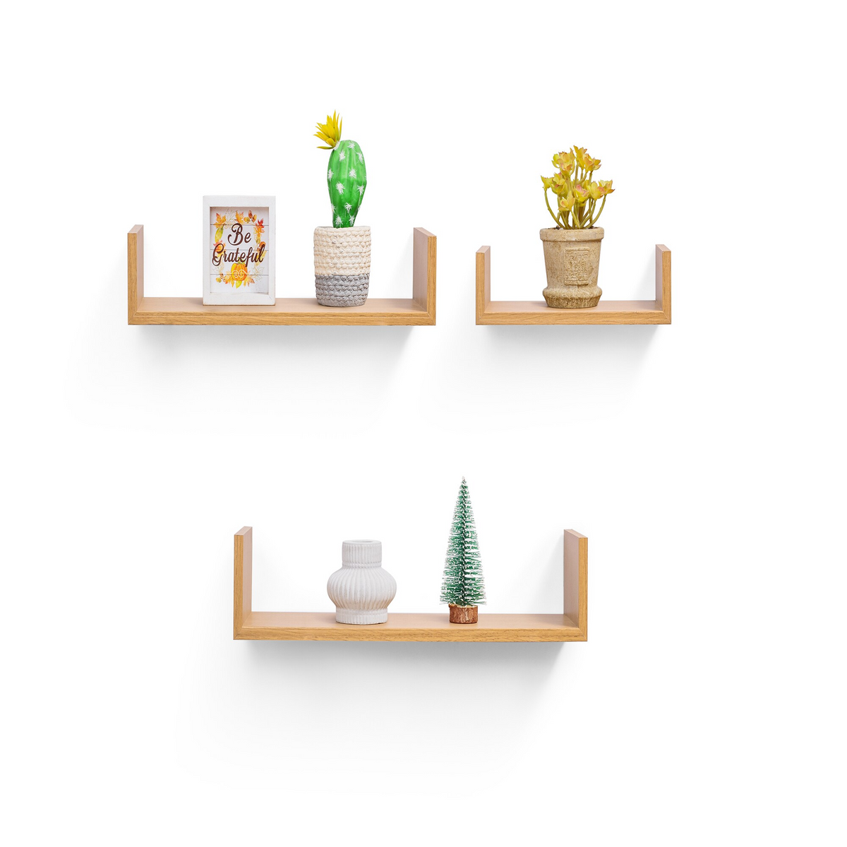 3-Piece Floating Wall Shelves, 13.98" Wood Wall Mounted Shelf Set for Books, Plants & Decor with Invisible Brackets, Tan