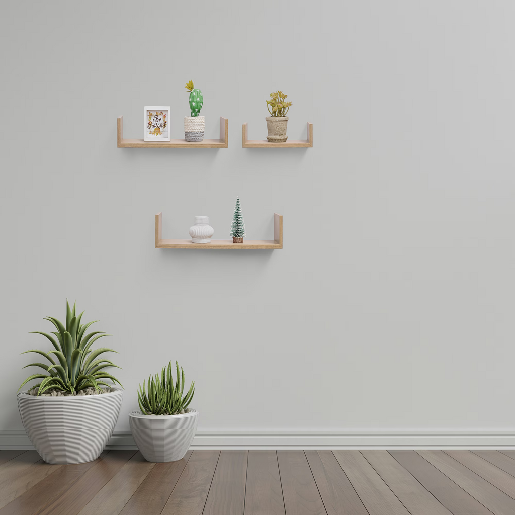 3-Piece Floating Wall Shelves, 13.98" Wood Wall Mounted Shelf Set for Books, Plants & Decor with Invisible Brackets, Tan