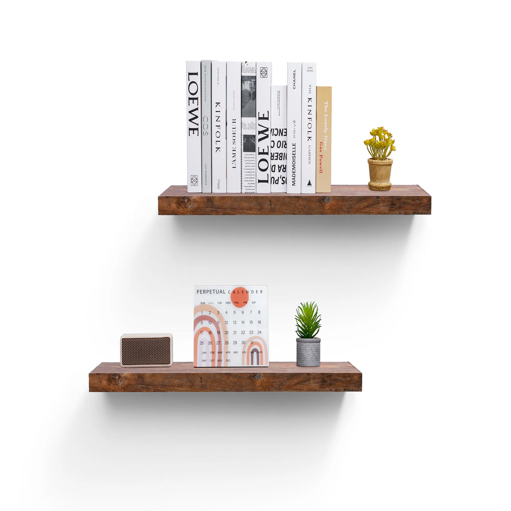 2-Piece Floating Wall Shelves, 31.50" Wood Wall Mounted Shelf Set for Bedroom, Bathroom, Living Room, Kitchen, Hanging Storage Shelves , Brown
