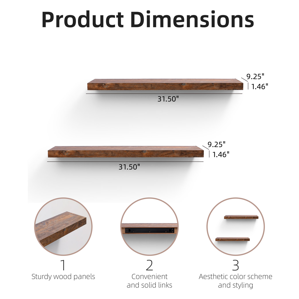 2-Piece Floating Wall Shelves, 31.50" Wood Wall Mounted Shelf Set for Bedroom, Bathroom, Living Room, Kitchen, Hanging Storage Shelves , Brown