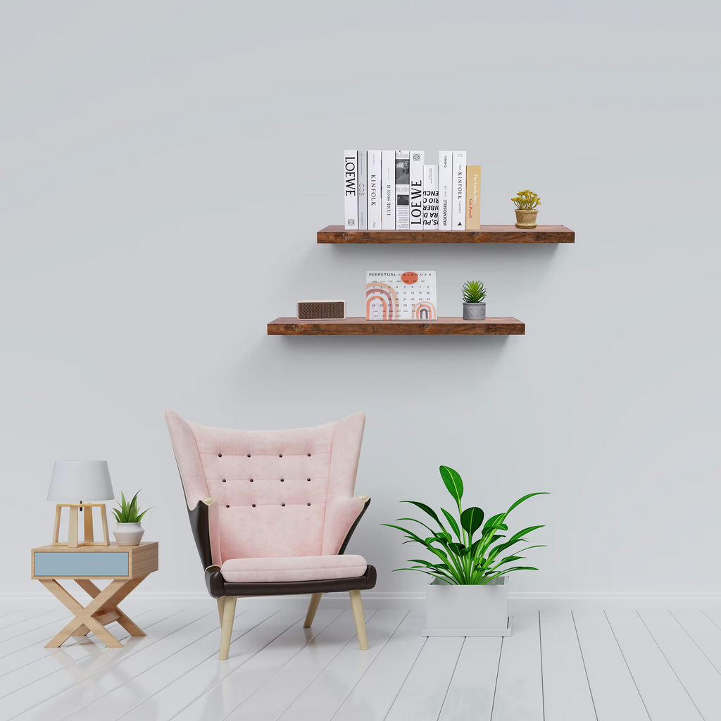 2-Piece Floating Wall Shelves, 31.50" Wood Wall Mounted Shelf Set for Bedroom, Bathroom, Living Room, Kitchen, Hanging Storage Shelves , Brown