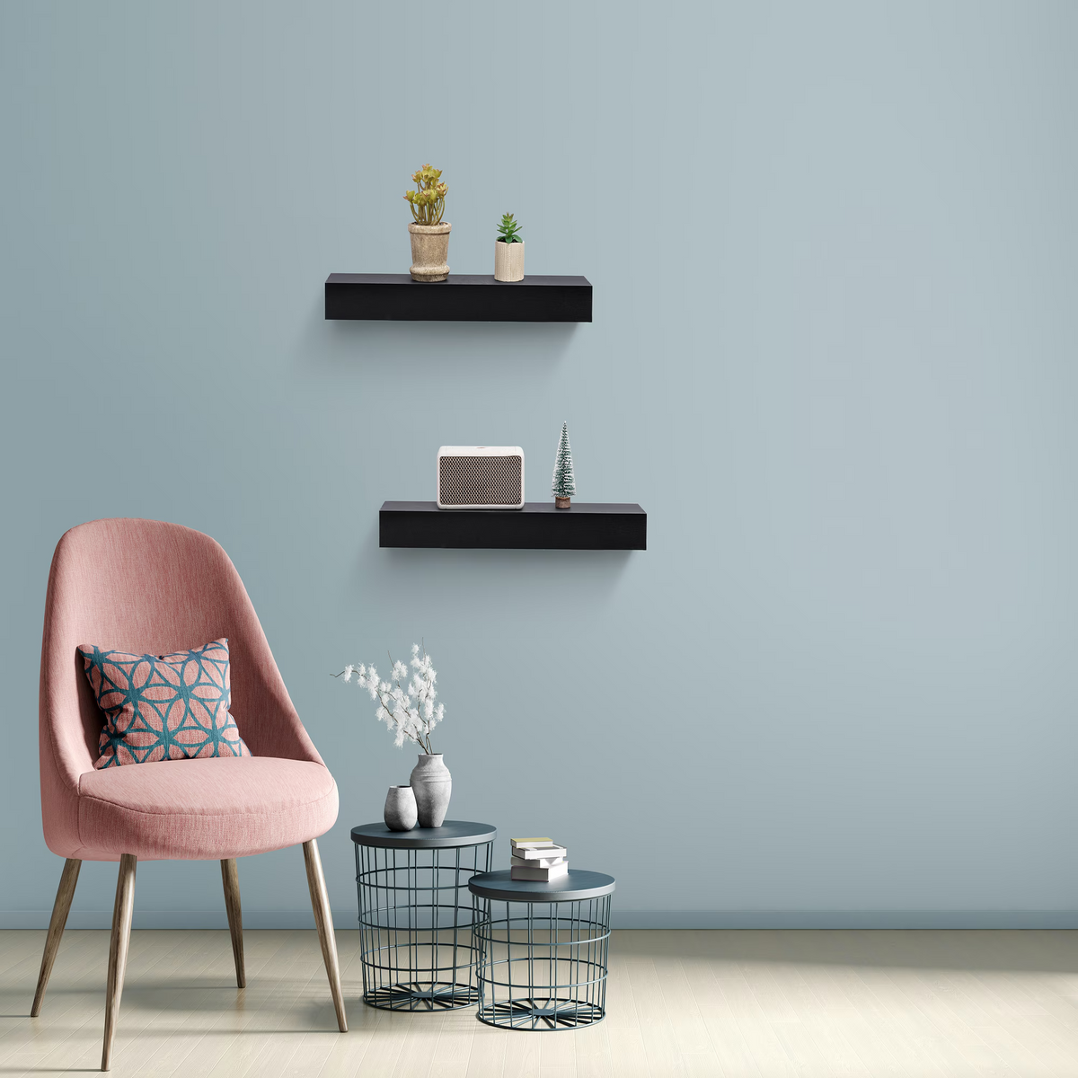 2-Piece Floating Wall Shelves, 18.11" Wood Wall Mounted Shelf Set for for Books, Plants & Decor with Invisible Brackets, Black