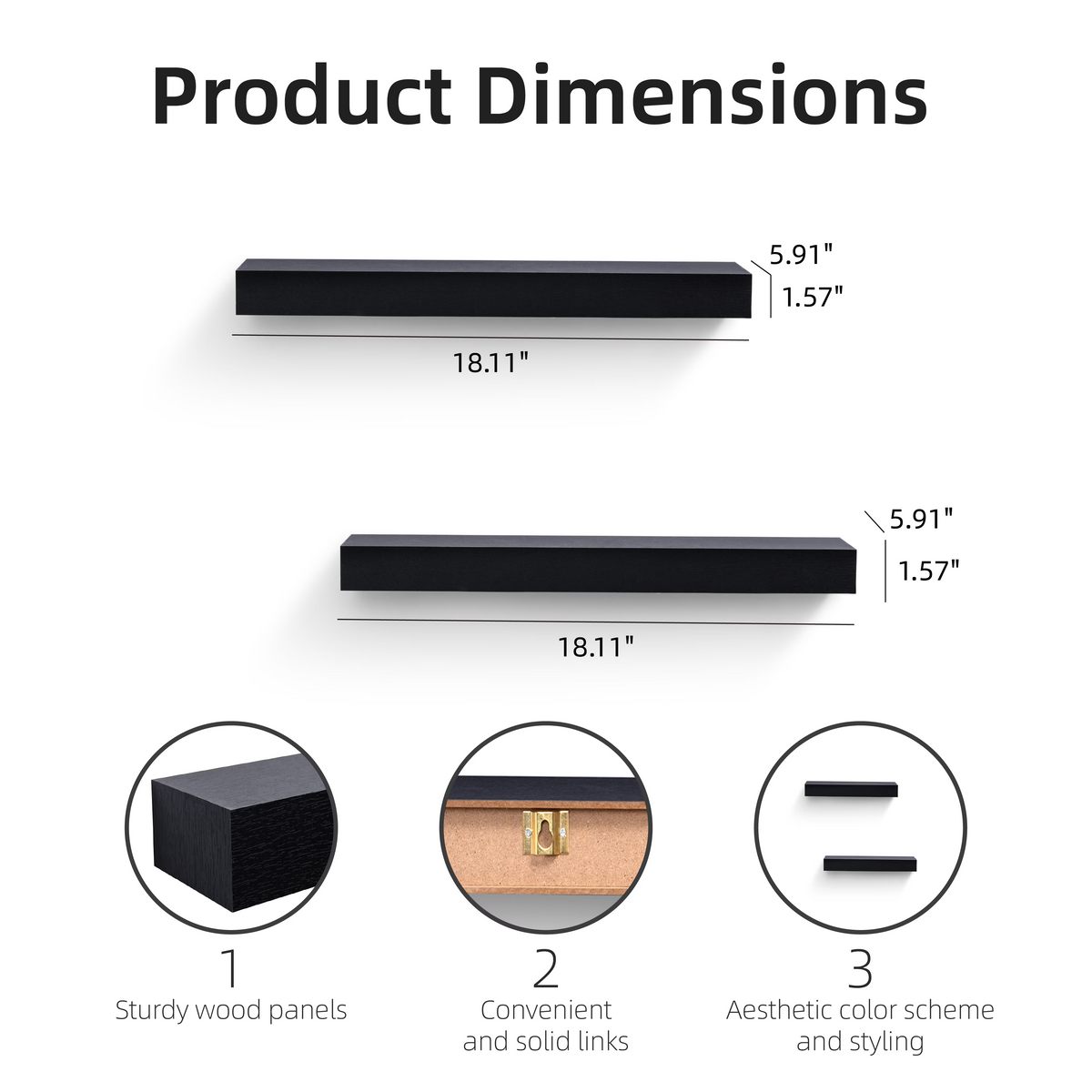 2-Piece Floating Wall Shelves, 18.11" Wood Wall Mounted Shelf Set for for Books, Plants & Decor with Invisible Brackets, Black