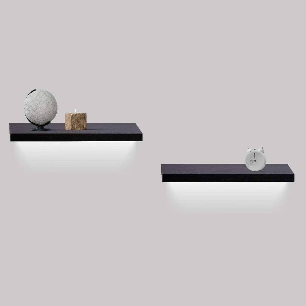 2-Piece Floating Wall Shelves w/LED Light, 18.11" Wood Wall Mounted Shelves for Books, Plants & Decor, Invisible Brackets, Black
