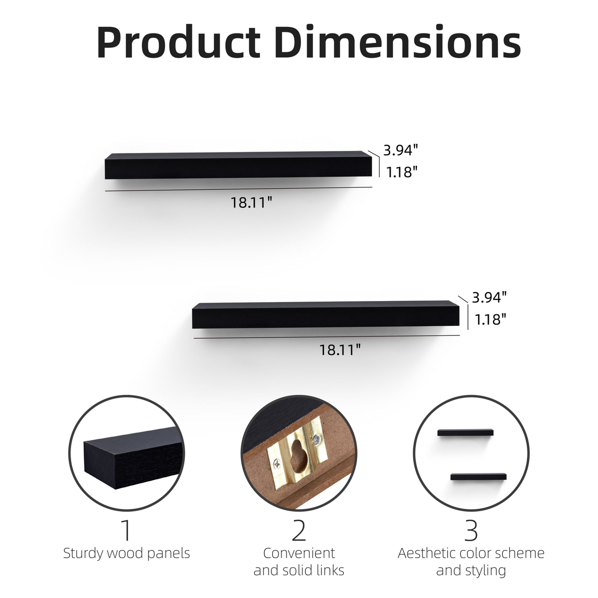 2-Piece Floating Wall Shelves w/LED Light, 18.11" Wood Wall Mounted Shelves for Books, Plants & Decor, Invisible Brackets, Black