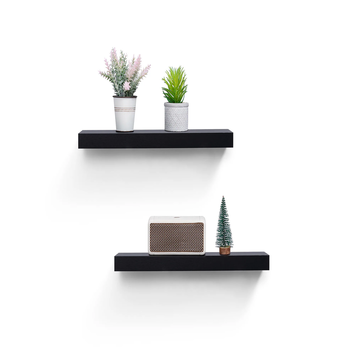 2-Piece Floating Wall Shelves w/LED Light, 18.11" Wood Wall Mounted Shelves for Books, Plants & Decor, Invisible Brackets, Black