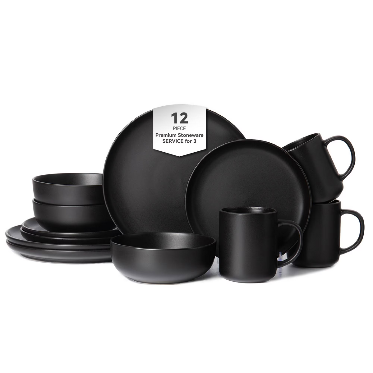 12-Piece Matte Stoneware Dinnerware Set Service for 3, Includes Dinner Plates, Salad Plates, Cereal Bowls & 12oz Mugs, Available in 3 Colors