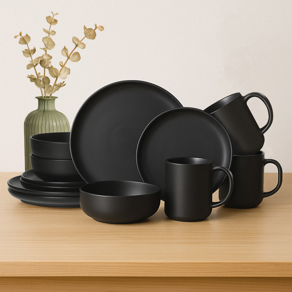 12-Piece Matte Stoneware Dinnerware Set Service for 3, Includes Dinner Plates, Salad Plates, Cereal Bowls & 12oz Mugs, Available in 3 Colors