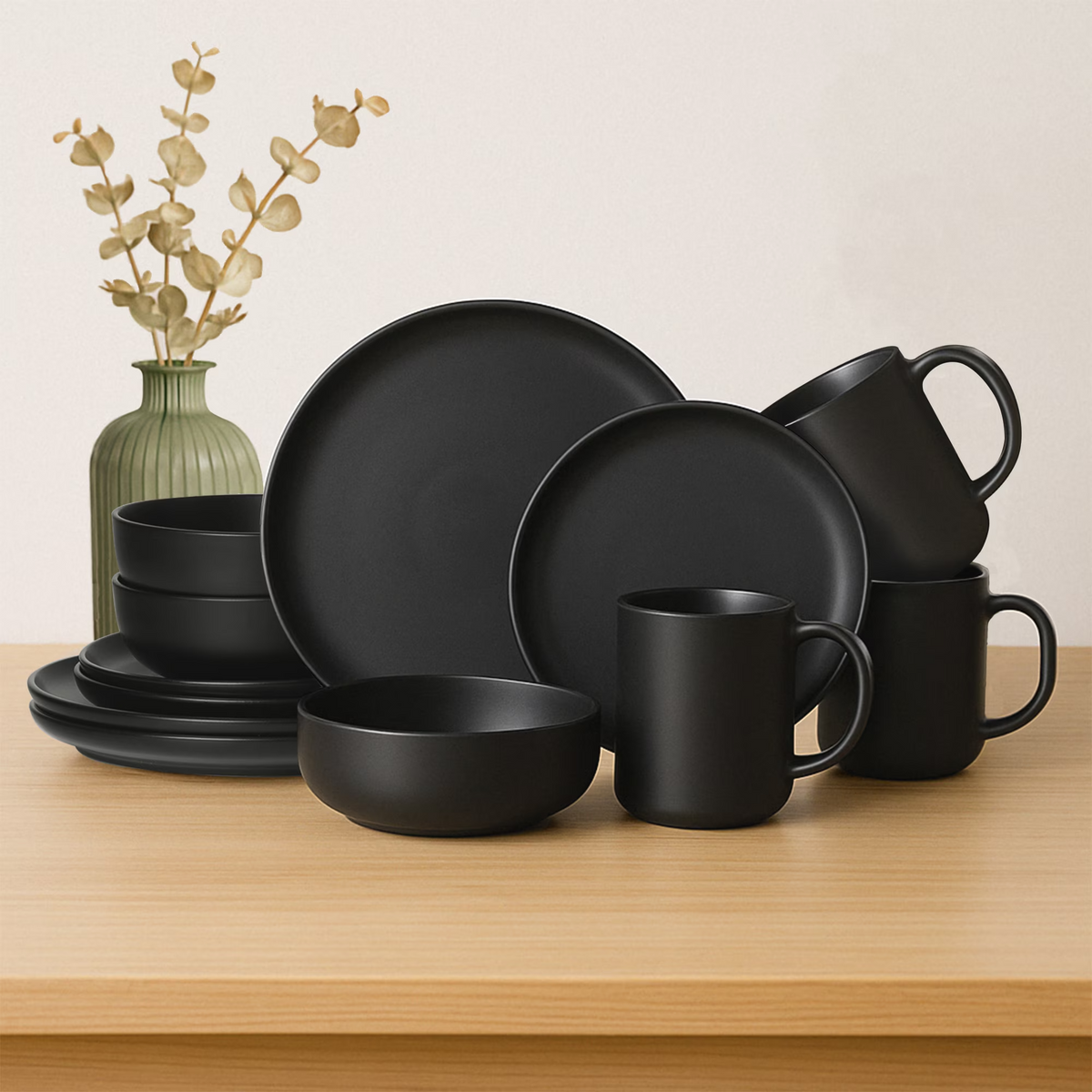 12-Piece Matte Stoneware Dinnerware Set Service for 3, Includes Dinner Plates, Salad Plates, Cereal Bowls & 12oz Mugs, Available in 3 Colors