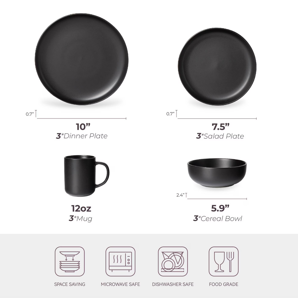 12-Piece Matte Stoneware Dinnerware Set Service for 3, Includes Dinner Plates, Salad Plates, Cereal Bowls & 12oz Mugs, Available in 3 Colors