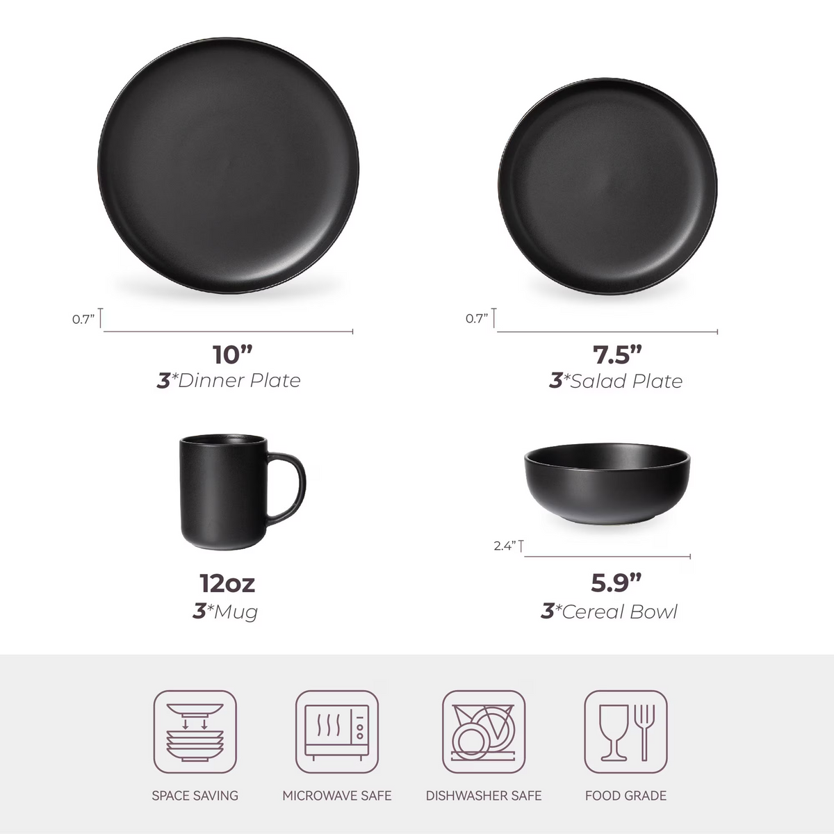 12-Piece Matte Stoneware Dinnerware Set Service for 3, Includes Dinner Plates, Salad Plates, Cereal Bowls & 12oz Mugs, Available in 3 Colors