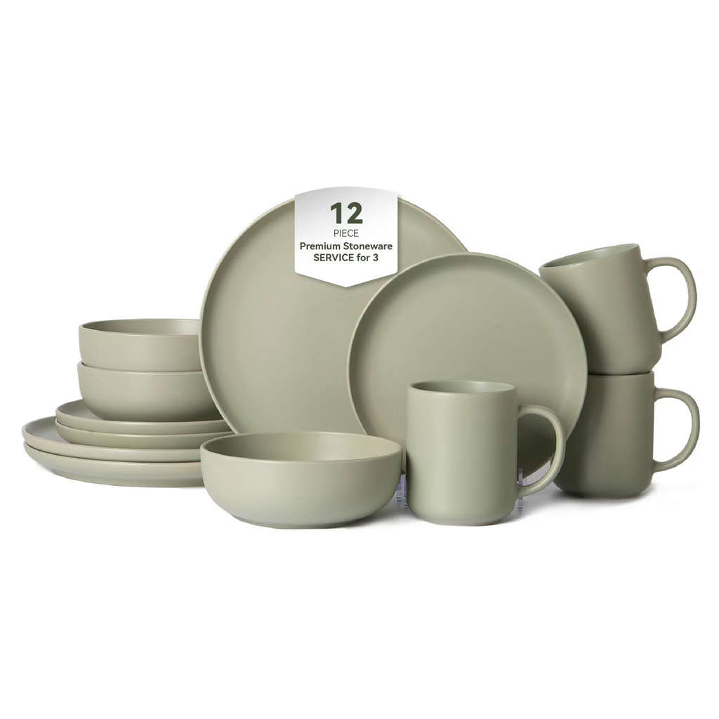 12-Piece Matte Stoneware Dinnerware Set Service for 3, Includes Dinner Plates, Salad Plates, Cereal Bowls & 12oz Mugs, Available in 3 Colors
