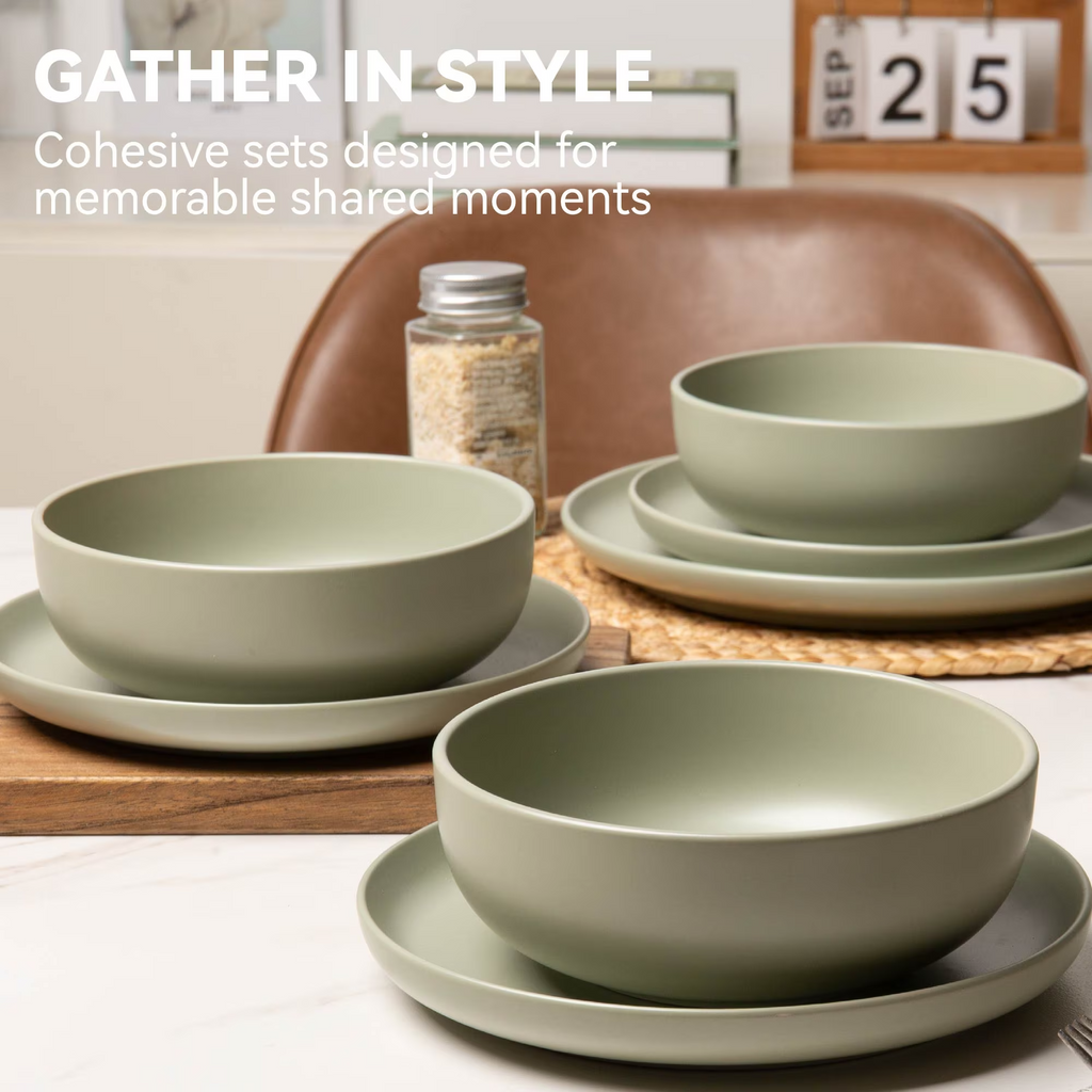 12-Piece Matte Stoneware Dinnerware Set Service for 3, Includes Dinner Plates, Salad Plates, Cereal Bowls & 12oz Mugs, Available in 3 Colors