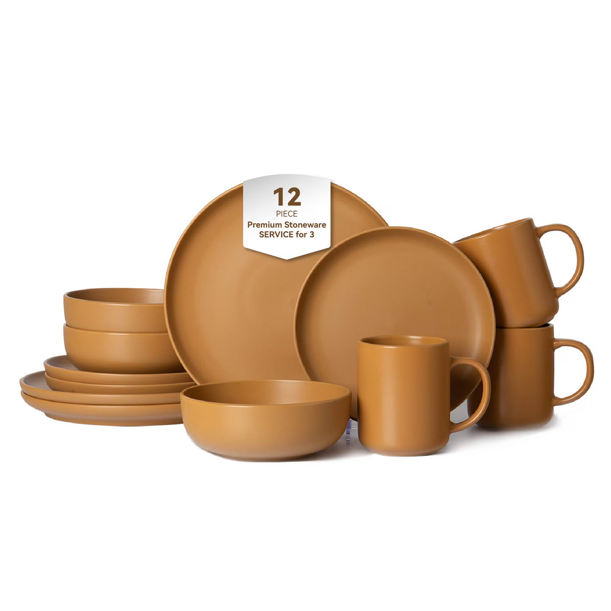 12-Piece Matte Stoneware Dinnerware Set Service for 3, Includes Dinner Plates, Salad Plates, Cereal Bowls & 12oz Mugs, Available in 3 Colors