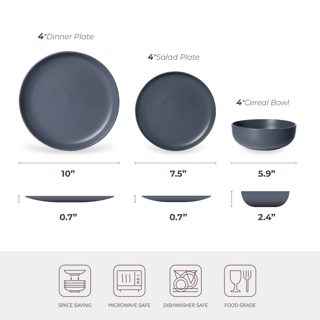 12-Piece Stoneware Dinnerware Set for 4, Matte Tableware with 10" Dinner Plates,7.5" Salad Plates & 5.9" Cereal Bowls, Microwave & Dishwasher Safe