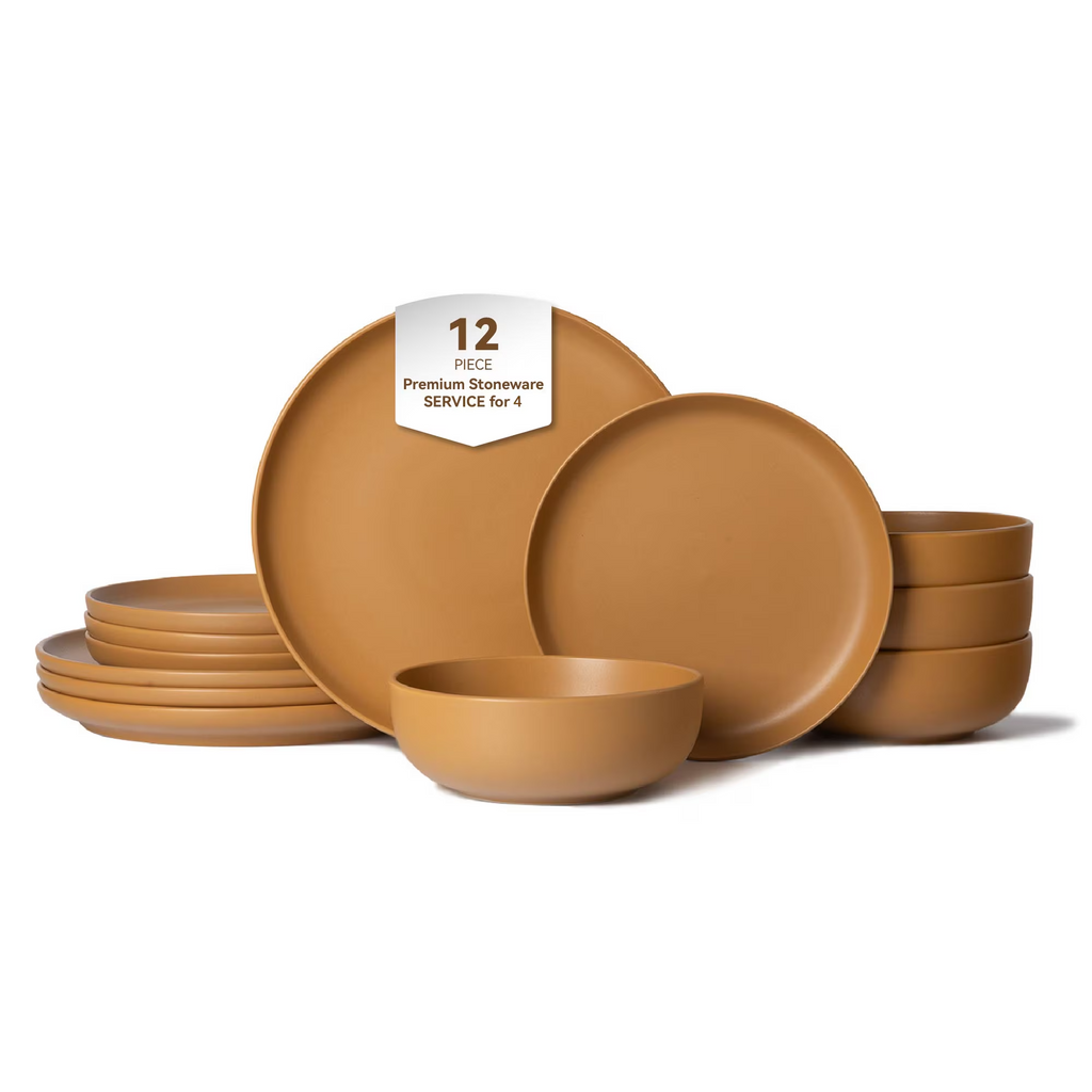 12-Piece Stoneware Dinnerware Set for 4, Matte Tableware with 10" Dinner Plates,7.5" Salad Plates & 5.9" Cereal Bowls, Microwave & Dishwasher Safe