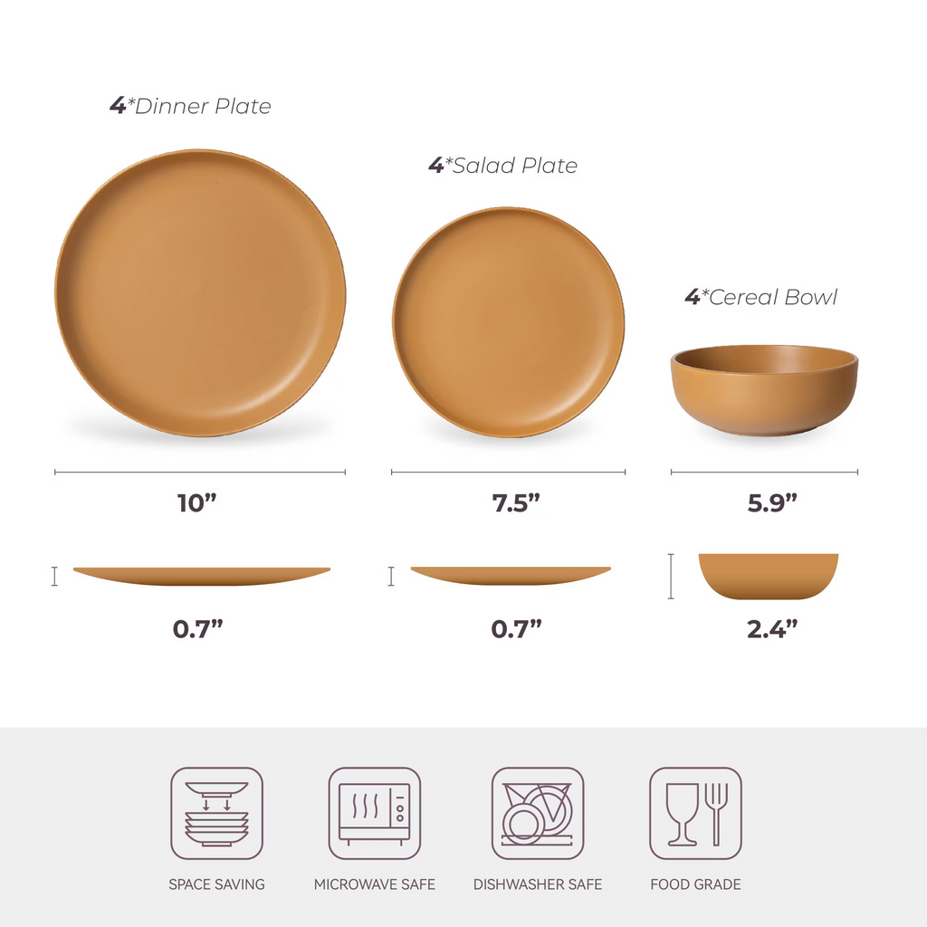 12-Piece Stoneware Dinnerware Set for 4, Matte Tableware with 10" Dinner Plates,7.5" Salad Plates & 5.9" Cereal Bowls, Microwave & Dishwasher Safe