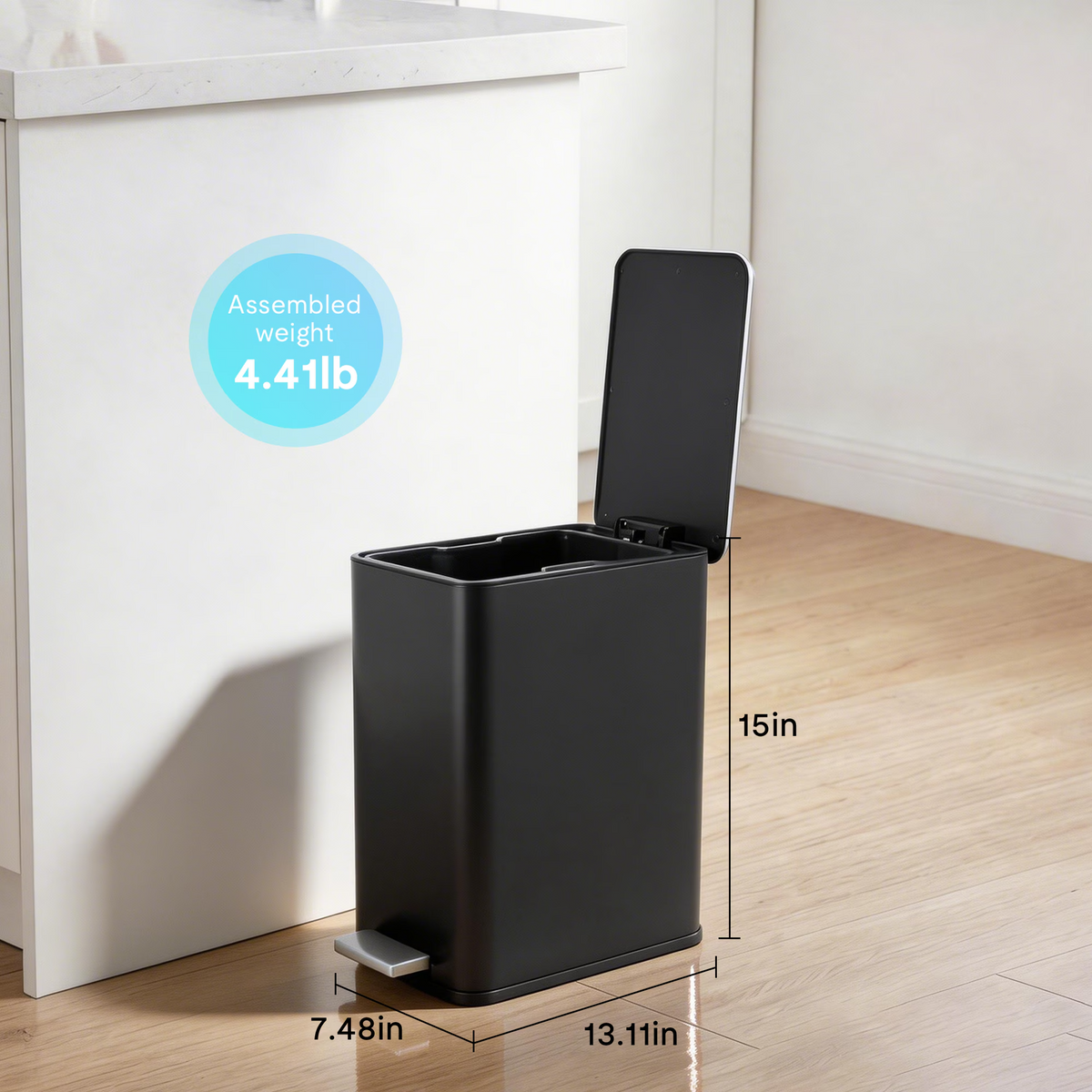 10L/2.6 Gallon Rectangular Step Trash Can, Stainless Steel Garbage Can with Foot Pedal, Removable Inner Bucket with Grip Groove and Side Handle
