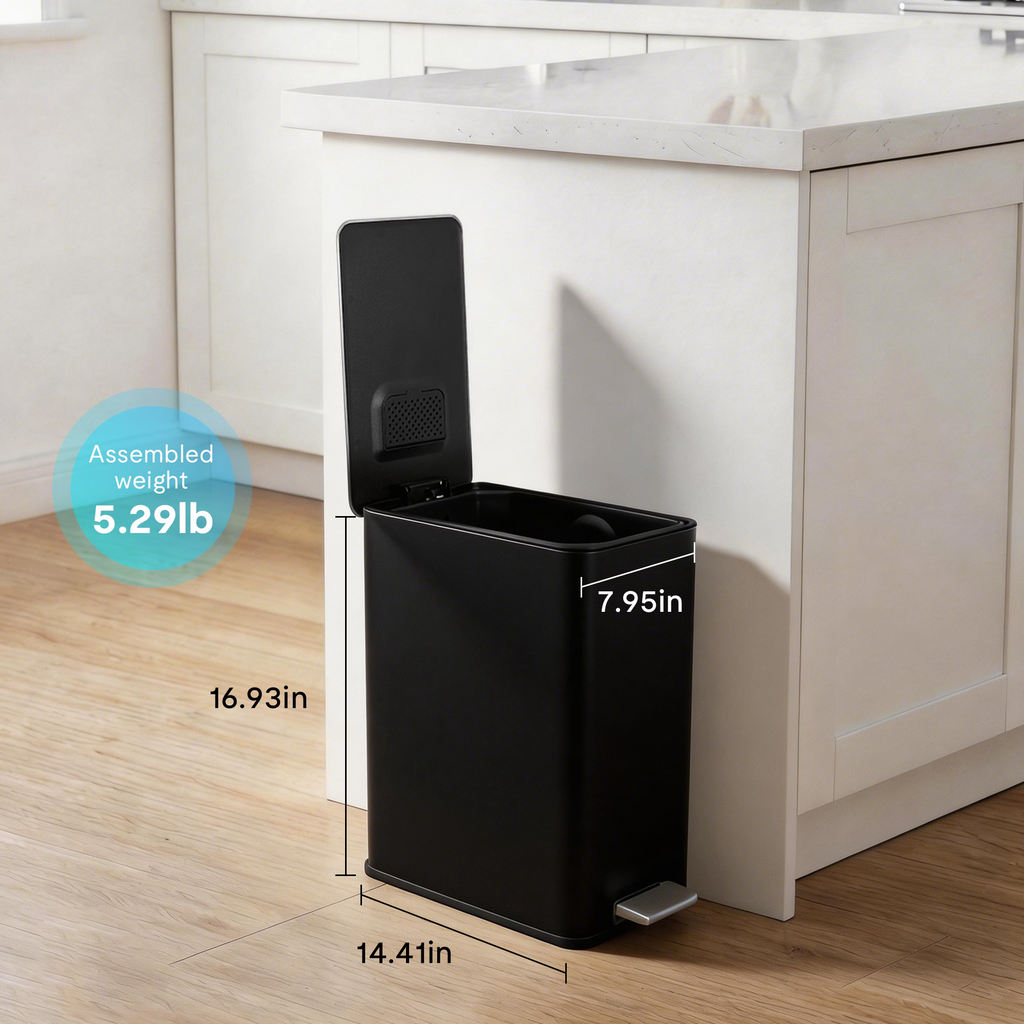 15L/4 Gallon Rectangular Step Trash Can, Stainless Steel Garbage Can with Foot Pedal, Removable Inner Bucket with Grip Groove and Side Handle