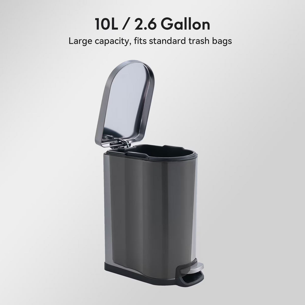 10L/2.6 Gallon Curved Step Trash Can, Stainless Steel Garbage Can with Foot Pedal, Removable Inner Bucket with Grip Groove and Lid Handle