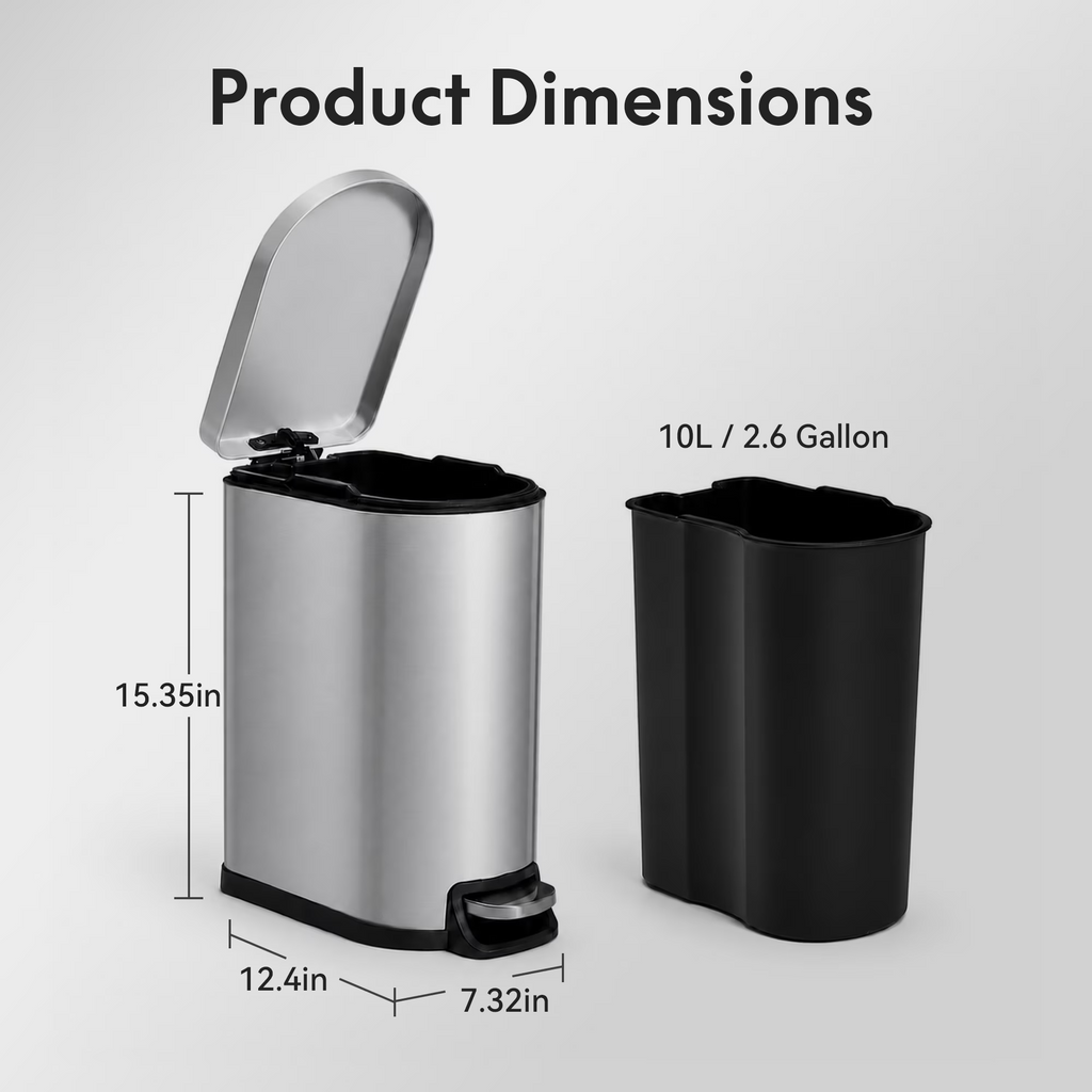 10L/2.6 Gallon Curved Step Trash Can, Stainless Steel Garbage Can with Foot Pedal, Removable Inner Bucket with Grip Groove and Lid Handle