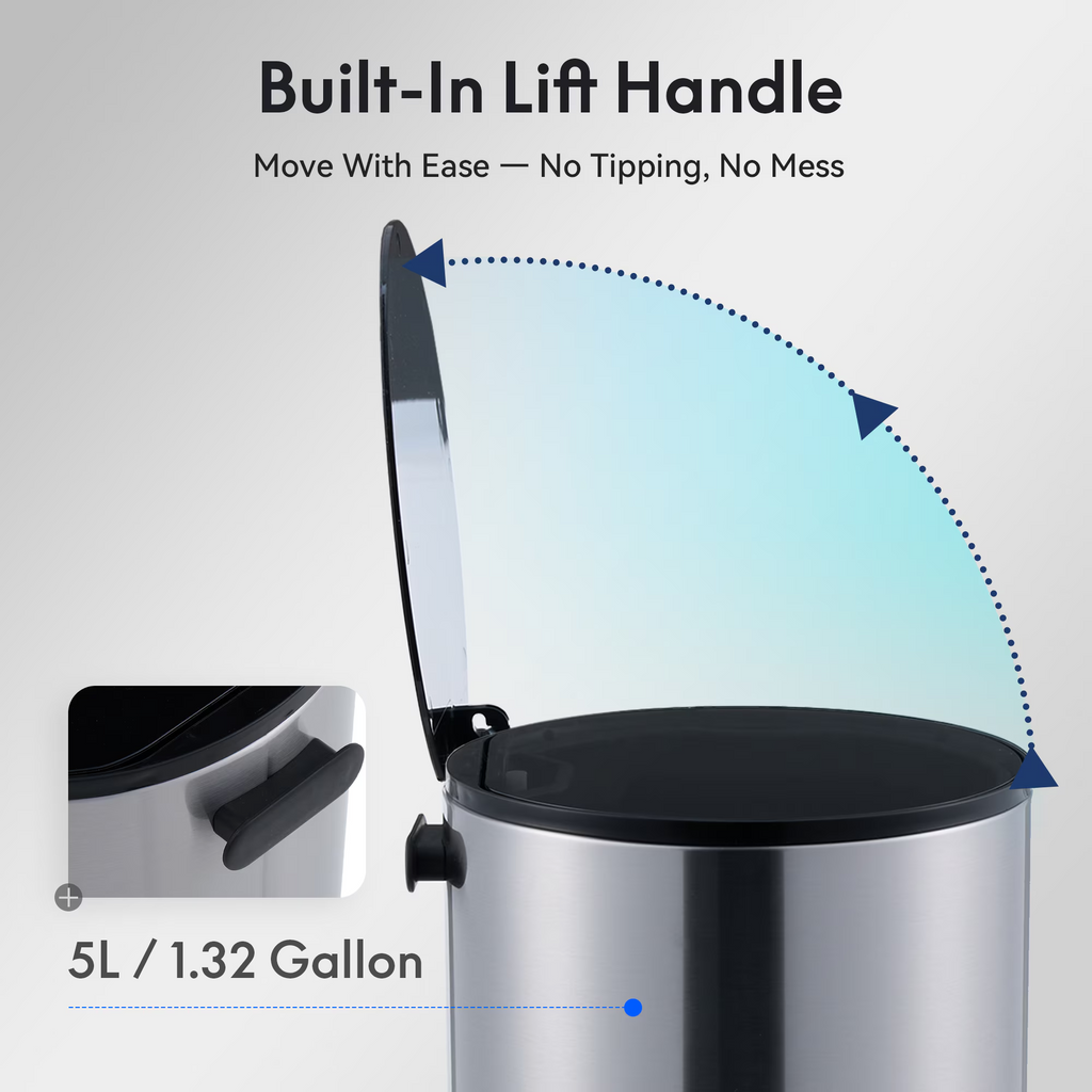 5L/1.32 Gallon Round Step Trash Can, Small Stainless Steel Bathroom Garbage Can with Foot Pedal and Removable Inner Bucket