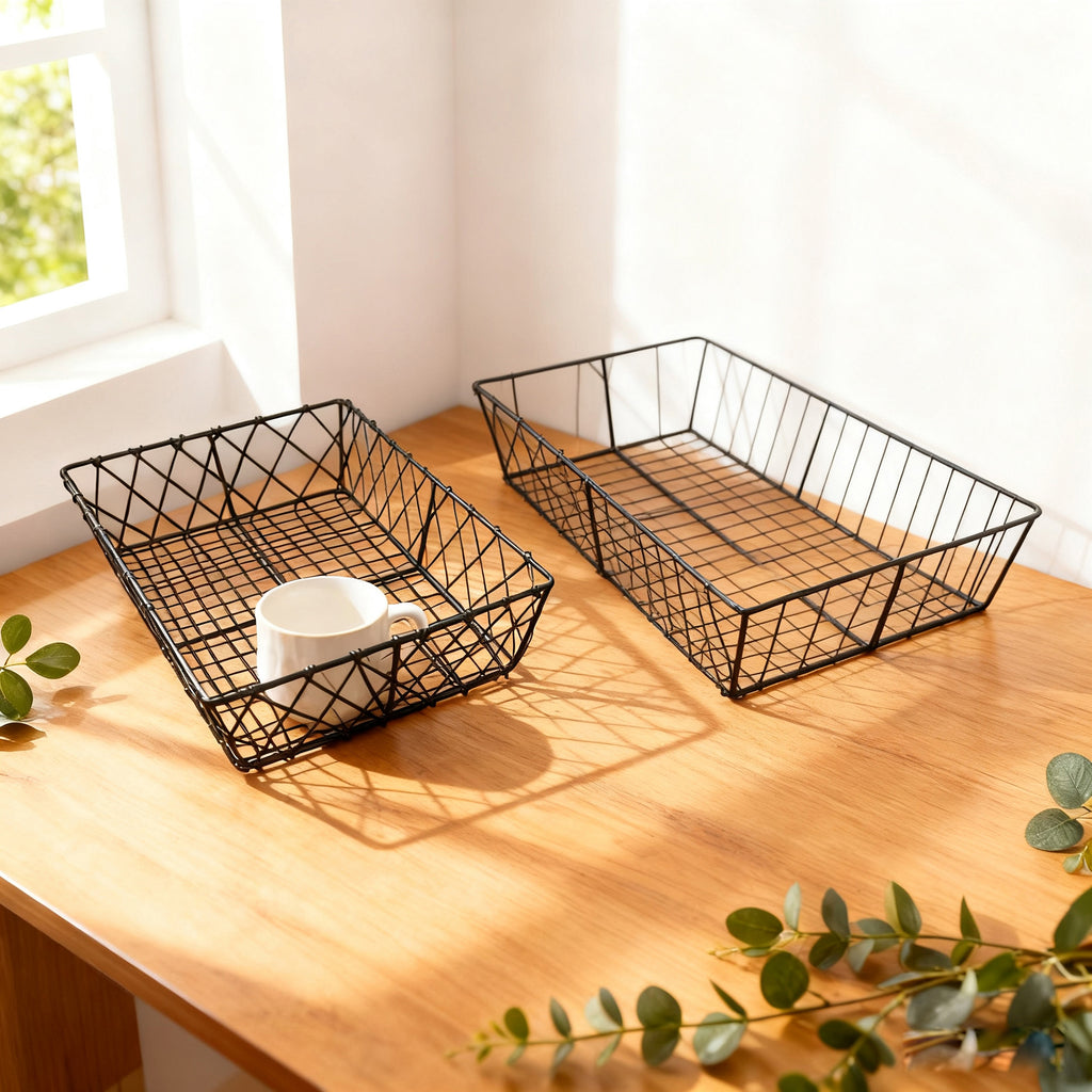 Set of 2 Rectangular Iron Decorative Trays, Black - 13.2" & 11.8" for Coffee, Vanity & Home Storage
