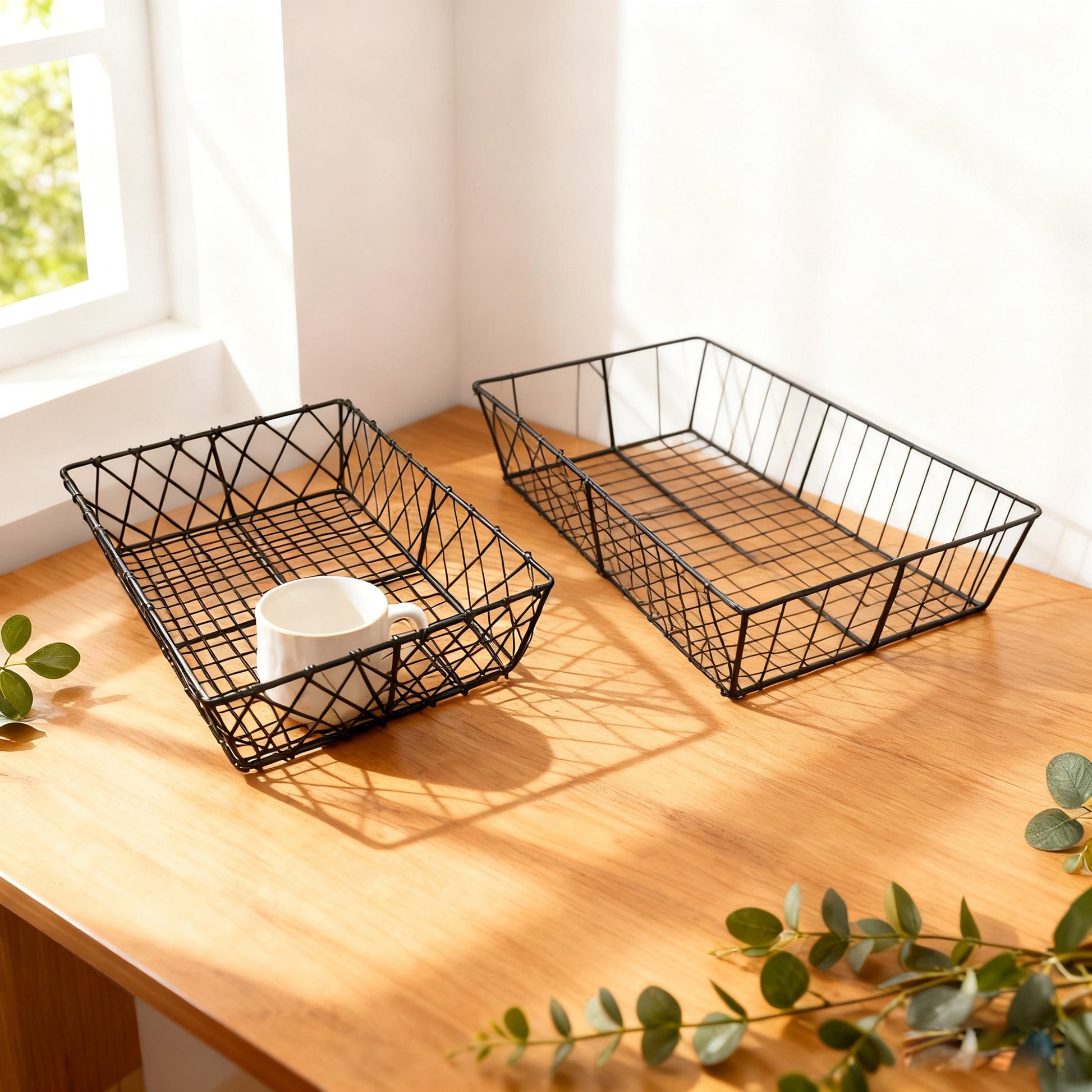 Set of 2 Rectangular Iron Decorative Trays, Black - 13.2" & 11.8" for Coffee, Vanity & Home Storage