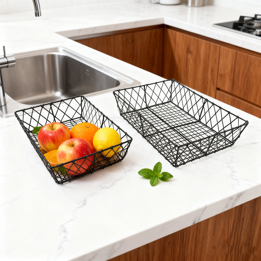 Set of 2 Rectangular Iron Decorative Trays, Black - 13.2" & 11.8" for Coffee, Vanity & Home Storage