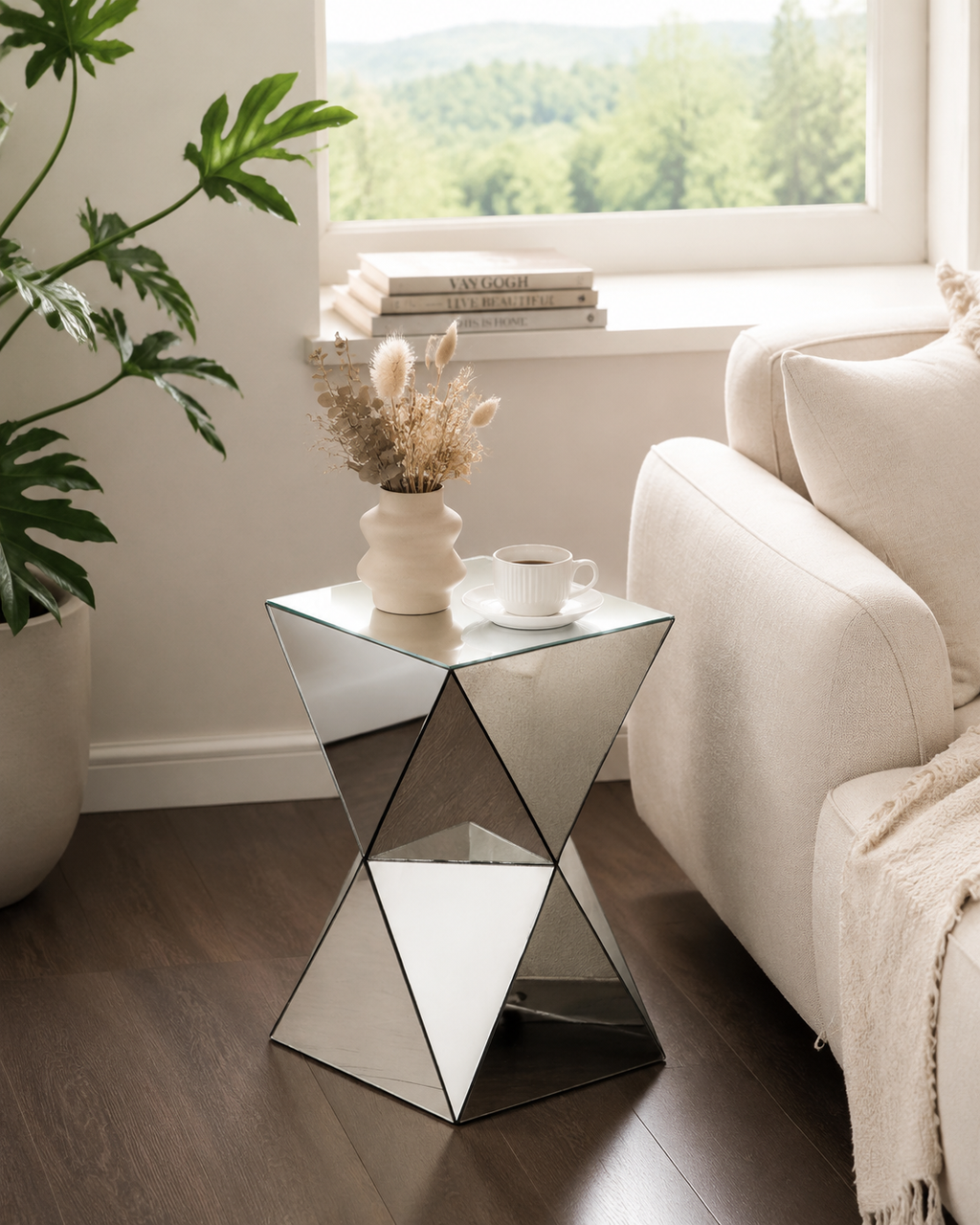 AEELLEEA 12.6 in Mirrored Geometric Side Table, Silver Square Accent End Table, Modern Nightstand for Living Room Bedroom