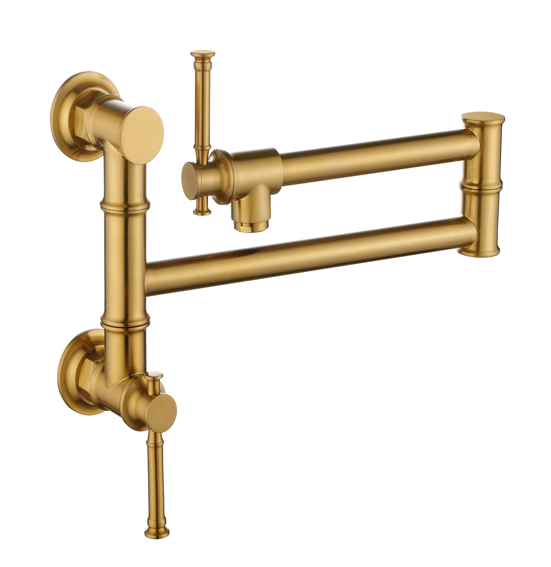 AEELLEEA Brushed Gold Wall Mount Pot Filler Faucet, Brass Folding Swing Arm Kitchen Faucet with Double Handles