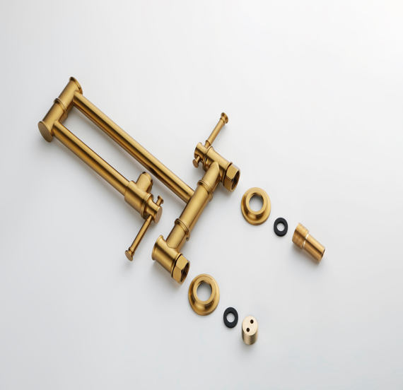 AEELLEEA Brushed Gold Wall Mount Pot Filler Faucet, Brass Folding Swing Arm Kitchen Faucet with Double Handles