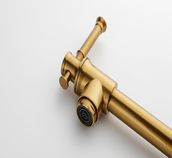 AEELLEEA Brushed Gold Wall Mount Pot Filler Faucet, Brass Folding Swing Arm Kitchen Faucet with Double Handles