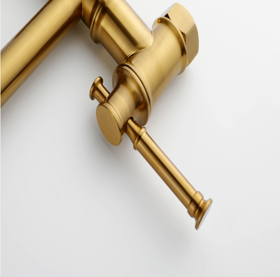 AEELLEEA Brushed Gold Wall Mount Pot Filler Faucet, Brass Folding Swing Arm Kitchen Faucet with Double Handles