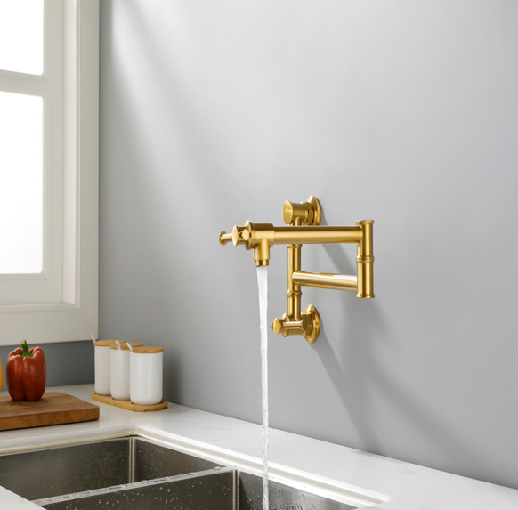 AEELLEEA Brushed Gold Wall Mount Pot Filler Faucet, Brass Folding Swing Arm Kitchen Faucet with Double Handles
