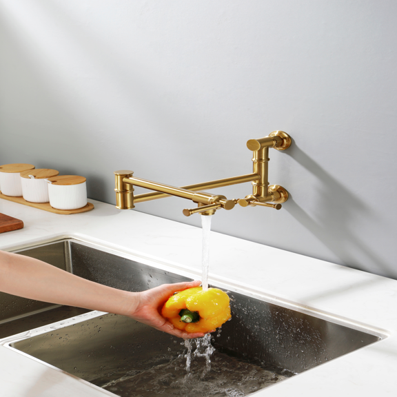 AEELLEEA Brushed Gold Wall Mount Pot Filler Faucet, Brass Folding Swing Arm Kitchen Faucet with Double Handles