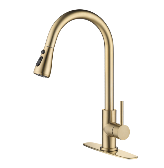 AEELLEEA Brushed Gold Pull Down Kitchen Faucet, 3 Modes Swivel Gooseneck Sink Faucet with Deck Plate